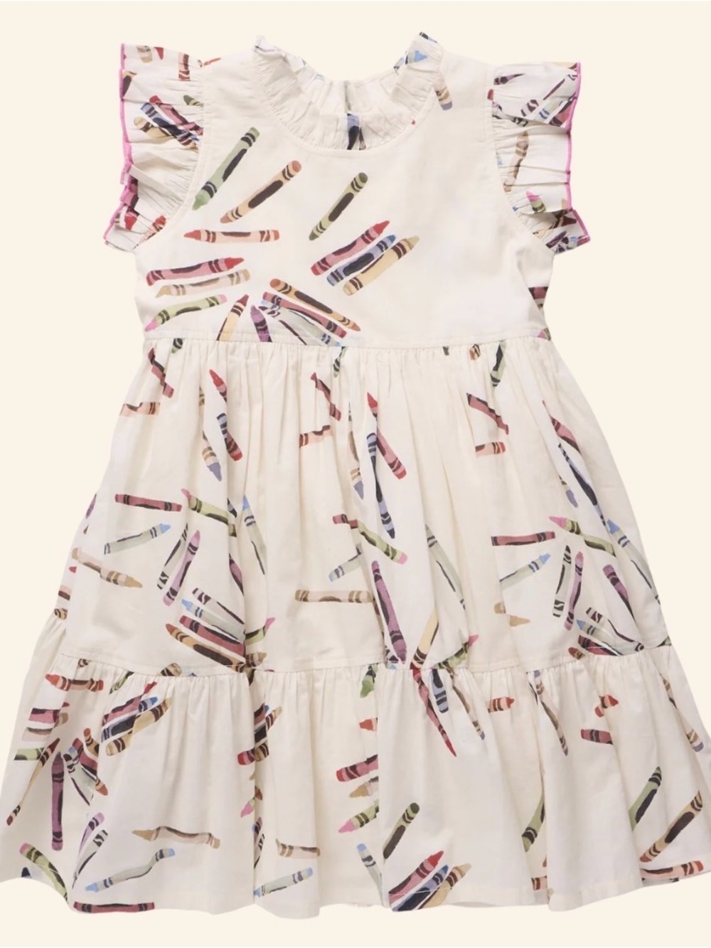 Pink Chicken Cream Crayon-Print Ruffle Tiered Dress